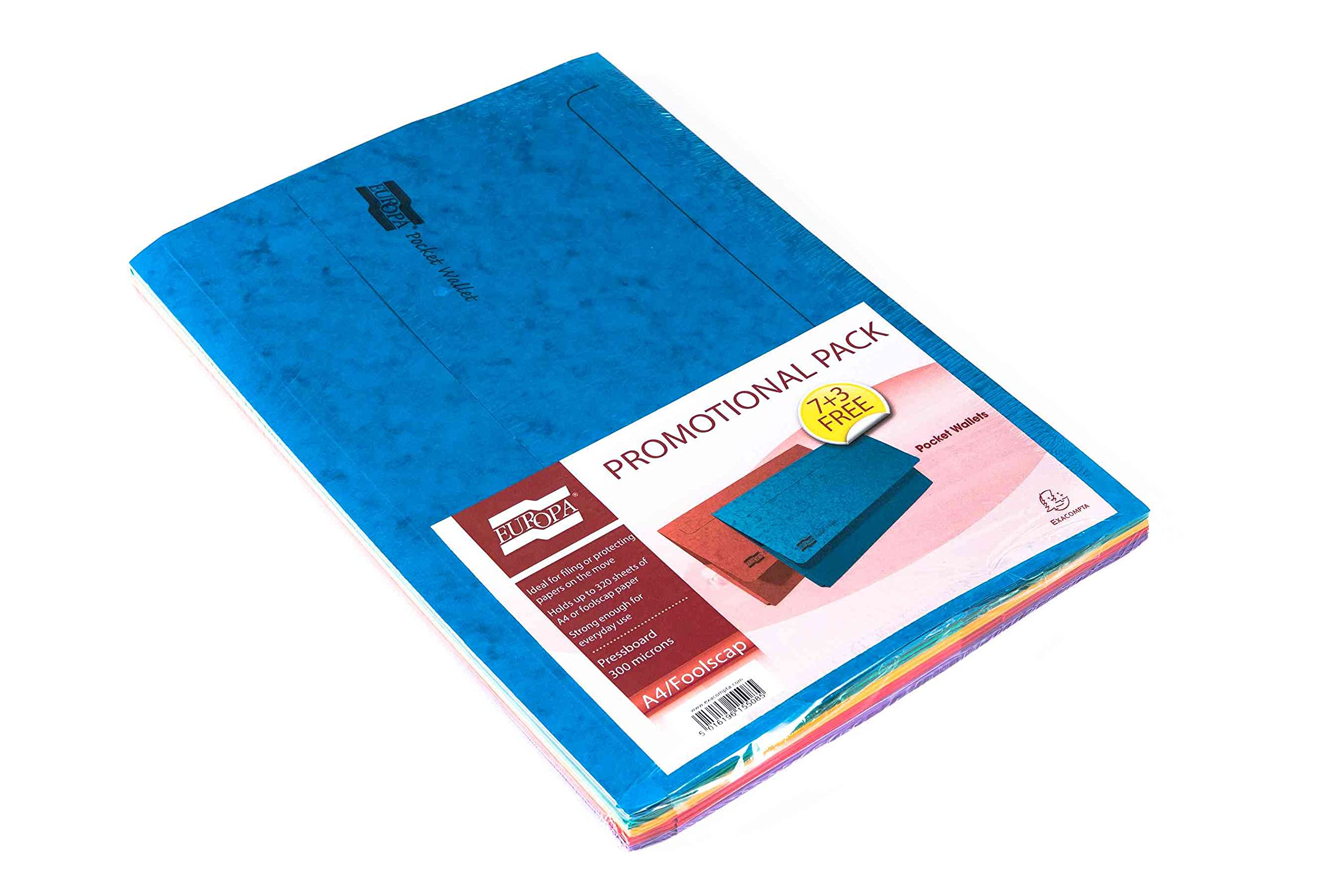 Exacompta 5260SZ Europa Pocket Wallets, 265gsm, Foolscap - Assorted Colours, Pack 10