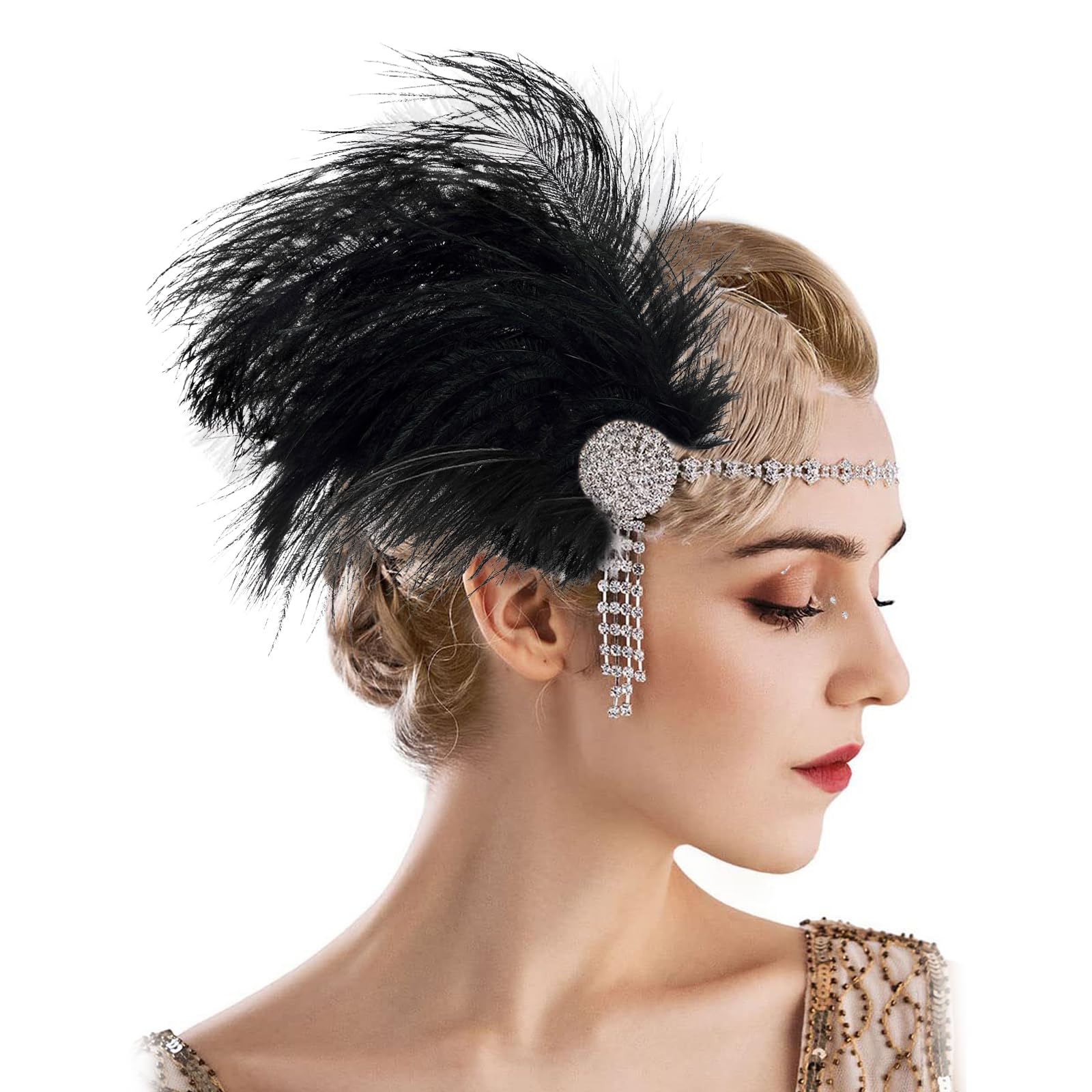 1920s Headband for Women, Feather Flapper Headband Rhinestone Gatsby Headpiece Vintage Great Gatsby Headbands Feather Headdress Carnival 1920s Accessories for Girls Costume Party (Black, 9.45in)