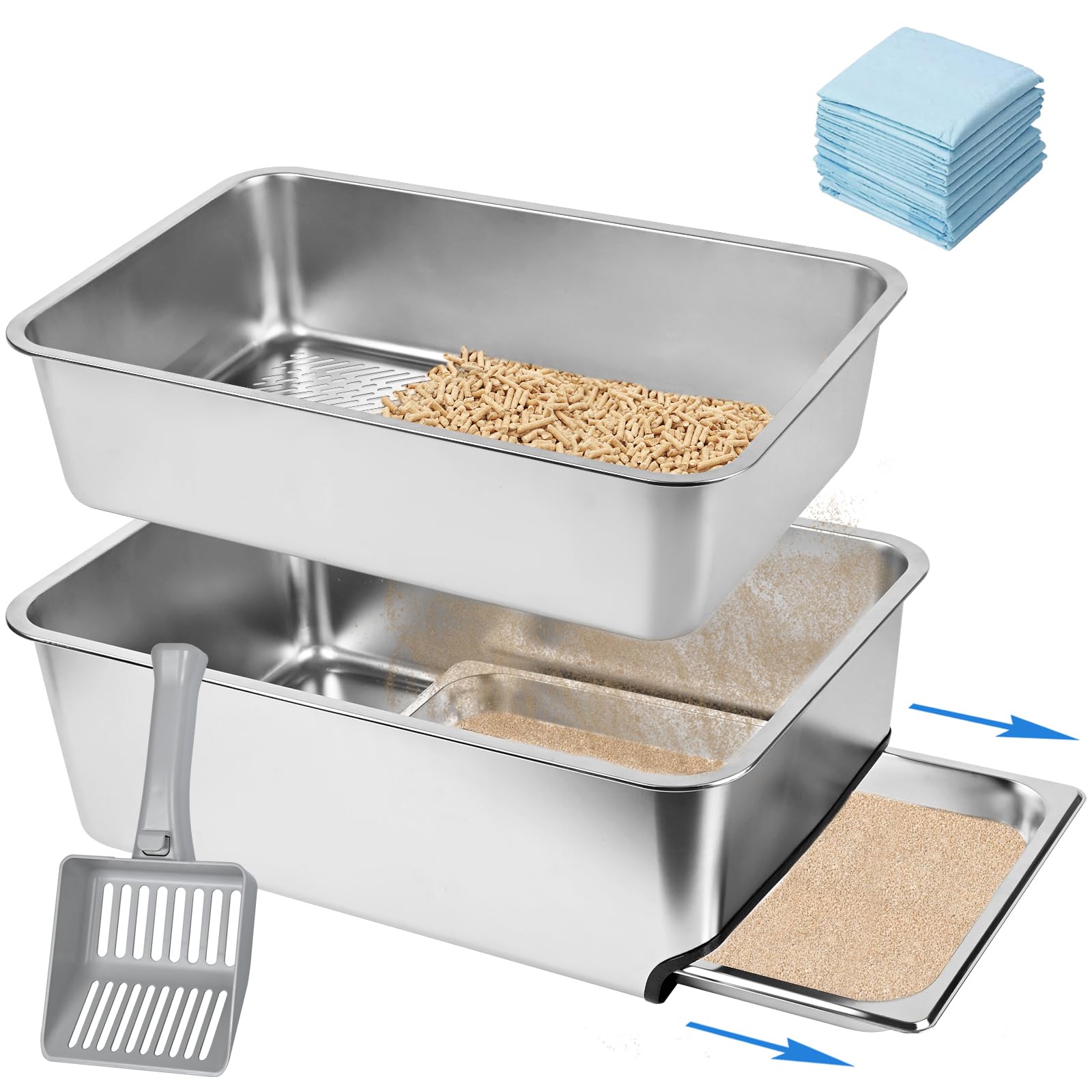 Photo 1 of 23.5" x 15.7" x 8" Stainless Steel Sifting Litter Box for Pine Pellets, XXL Large Pull-Out Cat Litter Box for Big Cats with High Sides, Metal Cat Litter Pan with Plastic Scoop &10 Urine Pads