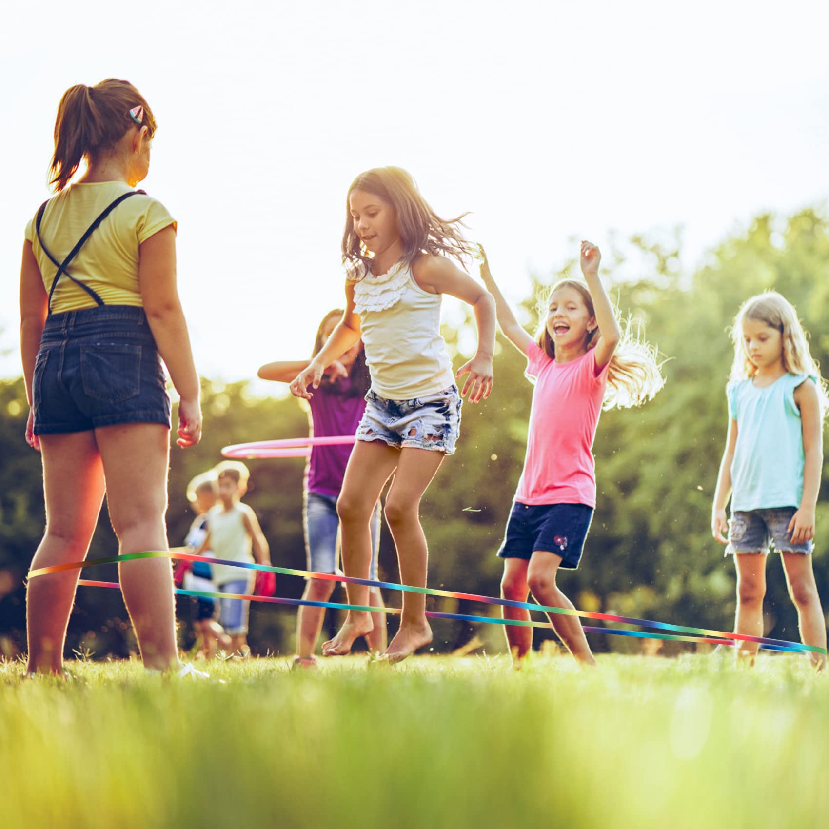 Cikyner Chinese Jump Rope, 4m Long 1.5cm Wide Elastic Chinese Ropes with Instructions French Skipping Rainbow Band for Indoor and Outdoor Children Jumpsies Games, Ideal for Gifts for Girls and Boys