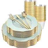 bUCLA 180PCS Green Plastic Plates - Disposable Sage Green with Gold Rim - Include 30 (Dinner & Dessert) Plates, 30 Knives, 30 Forks, 30 Spoons and 30 Cups for Party & Spring
