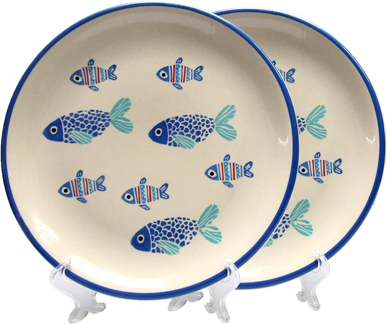 RoRo Fish Undersea Motif Handmade Ceramic Stoneware Dinner Plate, 11 Inch Set of 2