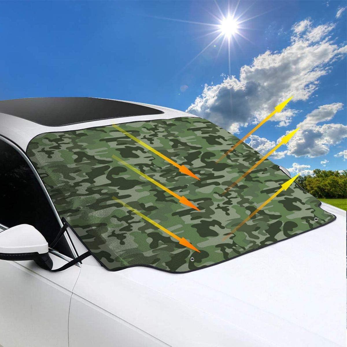 QBahoe Forest Green Camouflage Classical Windshield Snow Cover Ice Removal Wiper Visor Protector Winter Summer Auto Sun Shade for Cars Trucks Vans SUVs