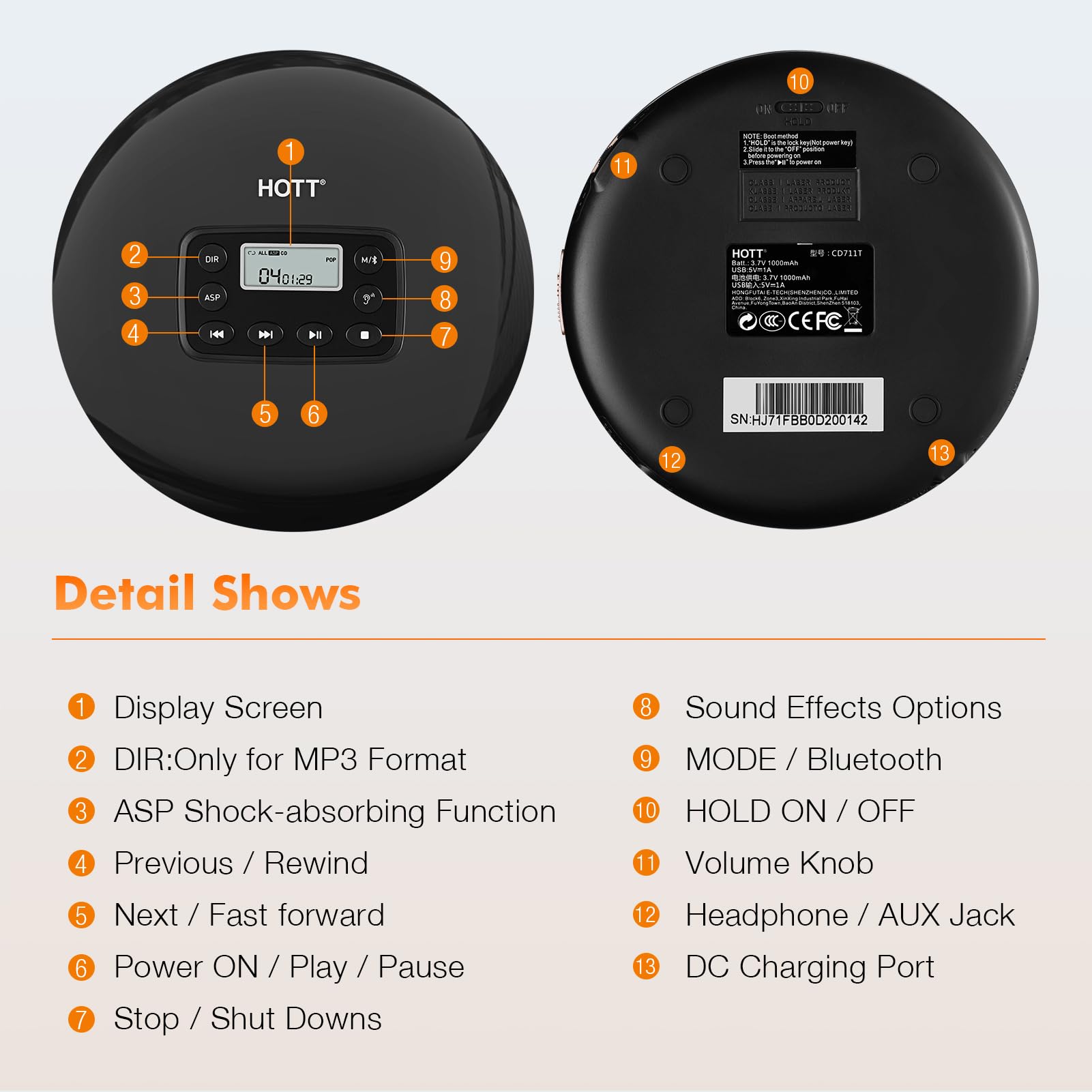 HOTT CD711T Bluetooth Rechargeable Portable CD Player for Home Travel and Car with Stereo Headphones and, Anti Shock Protection-Black