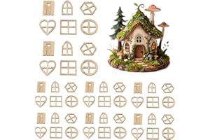 HIZONCORE 50pcs Doll House Windows Doors Craft Kit, Fairy Door Windows Wood, DIY Miniature Garden Doors Window Fairy House Accessories for Garden Tree Home Party Decor