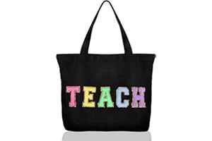 Dripykiaa Teacher Appreciation Gifts Teacher Gifts Tote Bag Canvas Chenille Letter Patches with Zipper Pocket