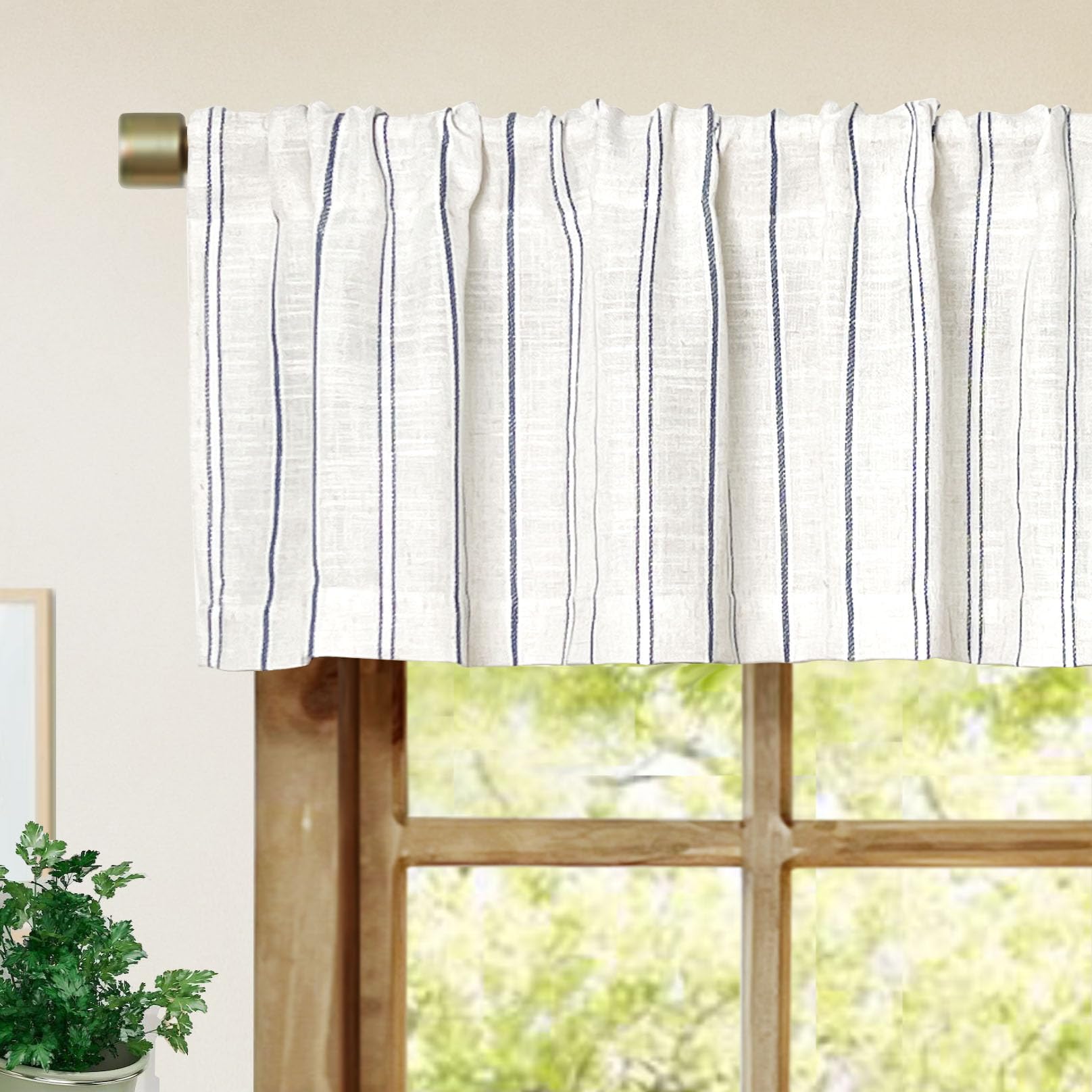 Photo 1 of 2 Pack Faux Linen Striped Kitchen Valances for Windows Modern Farmhouse Neutral Valance Curtains Topper Country Rustic Bathroom Small Window Treatment (54x18 inch)