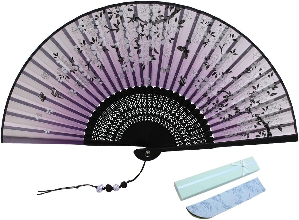 Jsswb Handmade Transparent Navy Raw Silk Bamboo Fan with Cherry Blossom