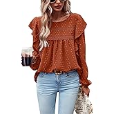 PRETTYGARDEN Women's Long Sleeve Shirts Ruffle Swiss Dot Crochet Loose Fit Tunic Dressy Casual Tops Blouses Spring Fashion