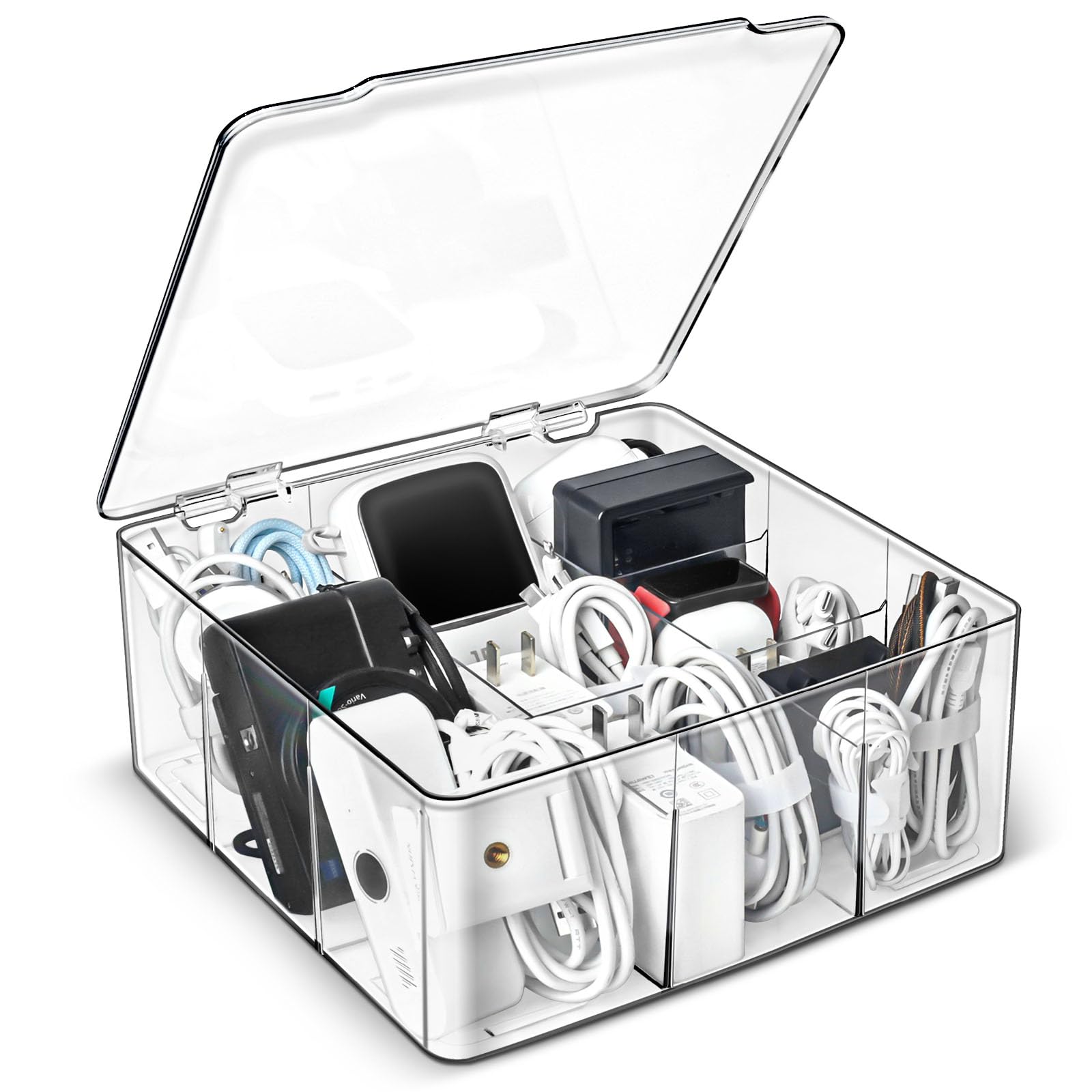 Photo 1 of Charger and Cable Organizer Box with 10 Wire Ties, Adapter Storage Box, Plastic Charger Cable Cord Storage Organizer