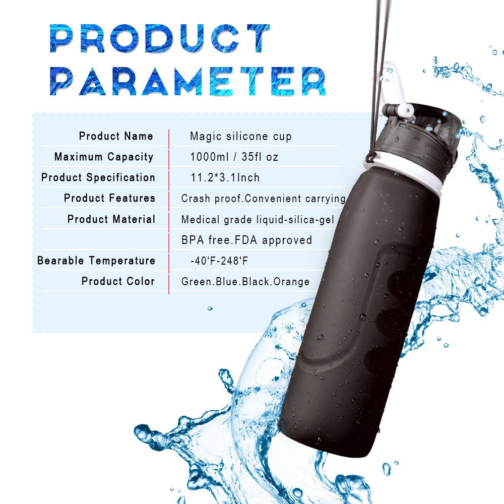 Collapsible Water Bottle,Folding Silicone Water Bottle,MeanLove Outdoor Sports 1000 ml/34 Ounce Portable Silicone Water Bottle Leak Proof Twist Cap,34 Ounce（34 OZ）/ 1 L Water Bottle (Black Gray, 1000 ml / 35 Ounce)