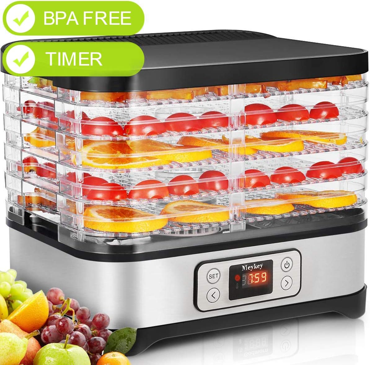 Food Dehydrator Machine, Digital Timer and Temperature Control, 5 Trays