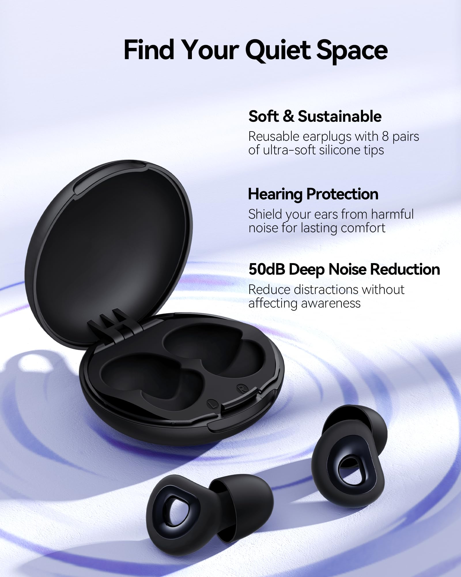 BIGOOD 50dB Ear Plugs for Sleeping, Ultralight Noise Cancelling Ear Plugs with 7 Tips (2 Types) Earplugs for Sleep for Concert, Work, Airplane, Hearing Protection Earplugs for Noise Reduction Black