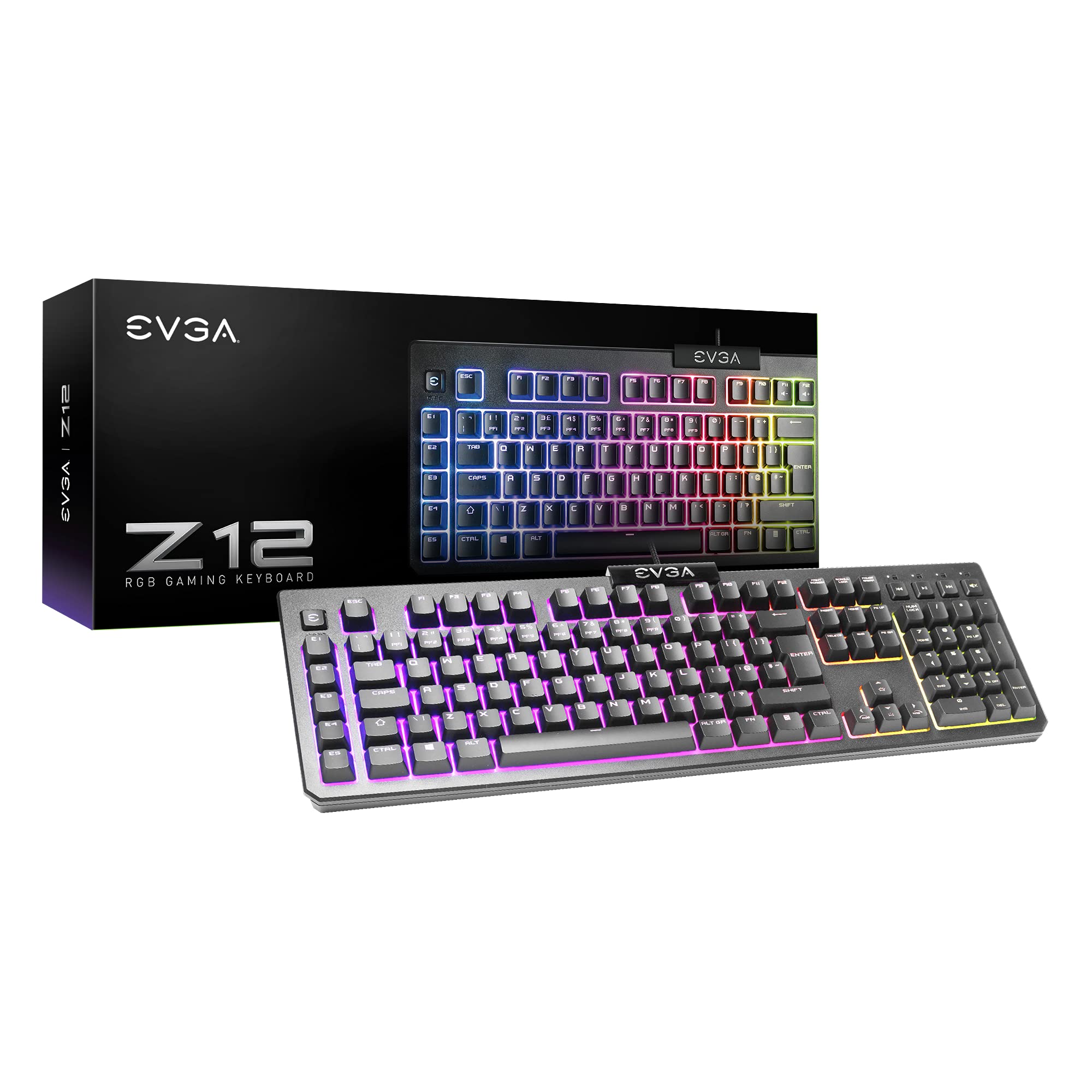 EVGA Z12 RGB Gaming Keyboard, RGB Backlit LED, 5 Programmable Macro Keys, Dedicated Media Keys, Water Resistant, 834-W0-12UK-K2