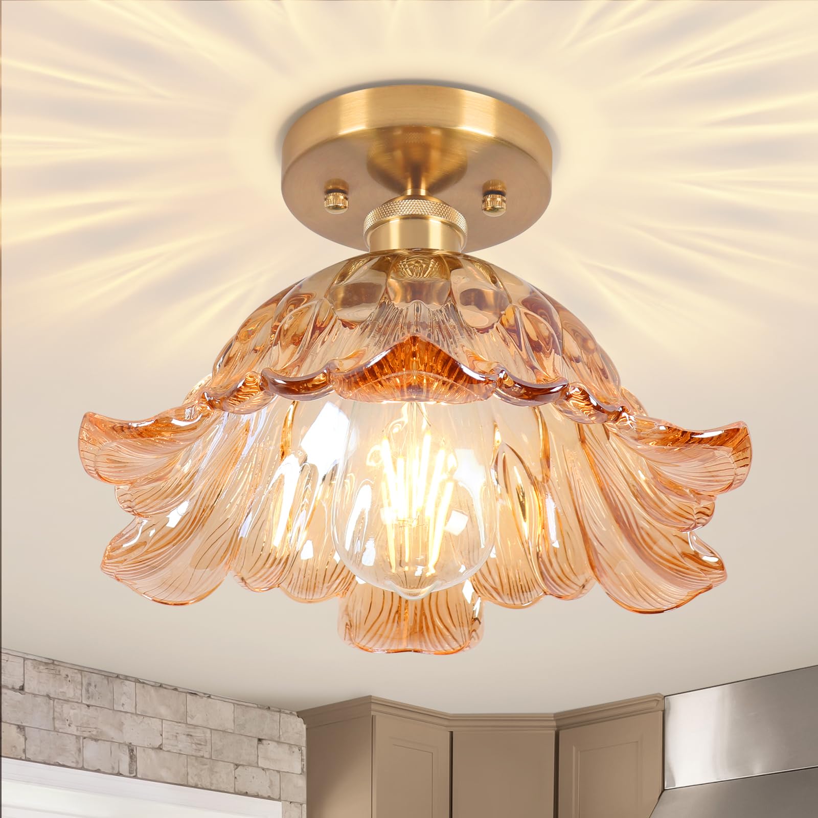 Photo 1 of Loiogohot Semi Flush Mount Ceiling Light,Hallway Vintage Lights Fixture Ceiling 11" Small Amber Glass Ceiling Lighting E26 Porch Ceiling Light Fixtures for Closet Hallway Kitchen Dining Room