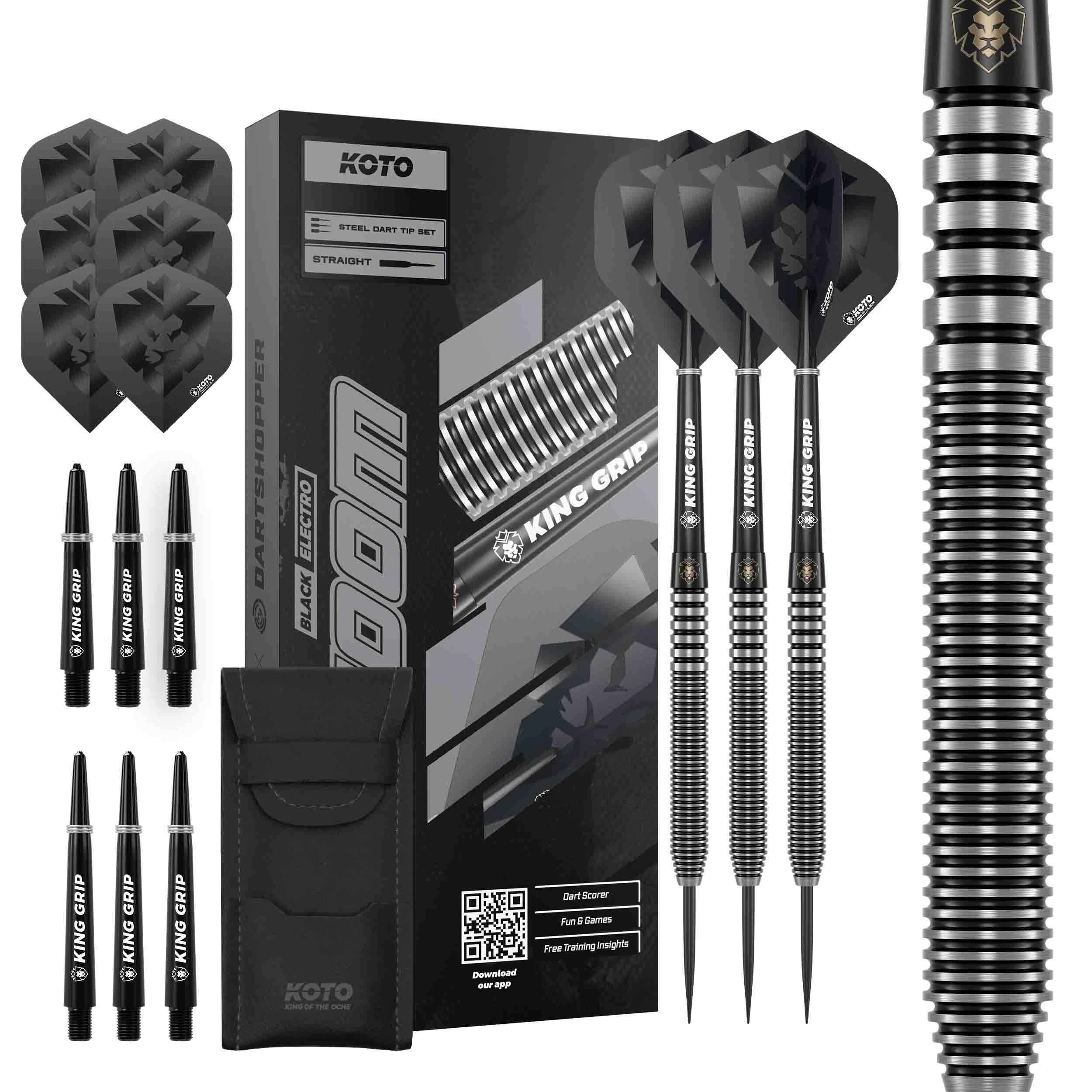KOTO - Zoom Black Electro 90% Darts 21 Gram, Black, Firm Ringgrip, Professional Darts Set Incl. 3 Barrels, Flights, Shafts & Dartwallet