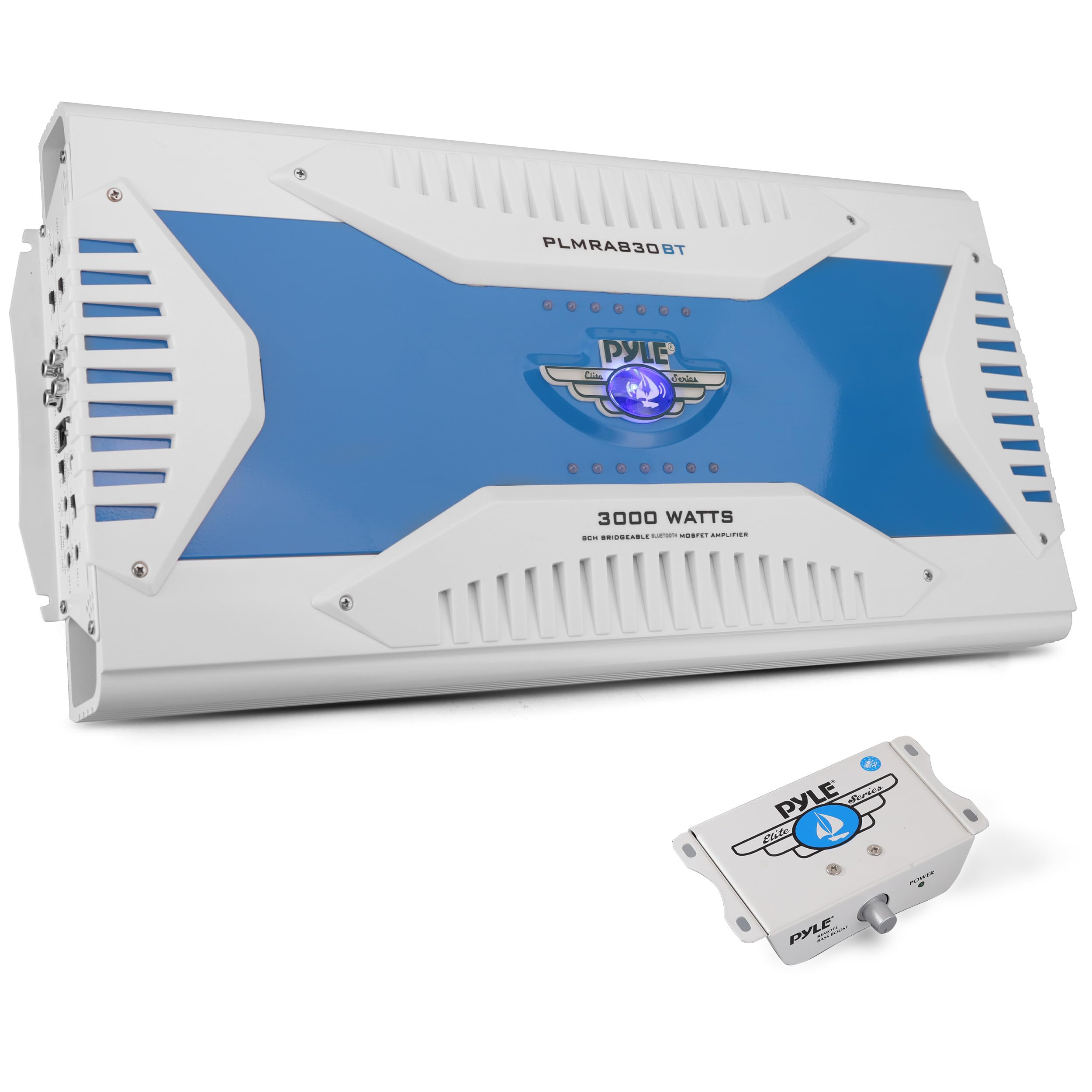 Pyle PLMRA830BT Boat with Wire and Wireless Blue/White Audio Amplifier - Audio Amplifiers (3000 W, 0.04%, 95 dB, 0-18 dB, 1850 W, 1100 W)