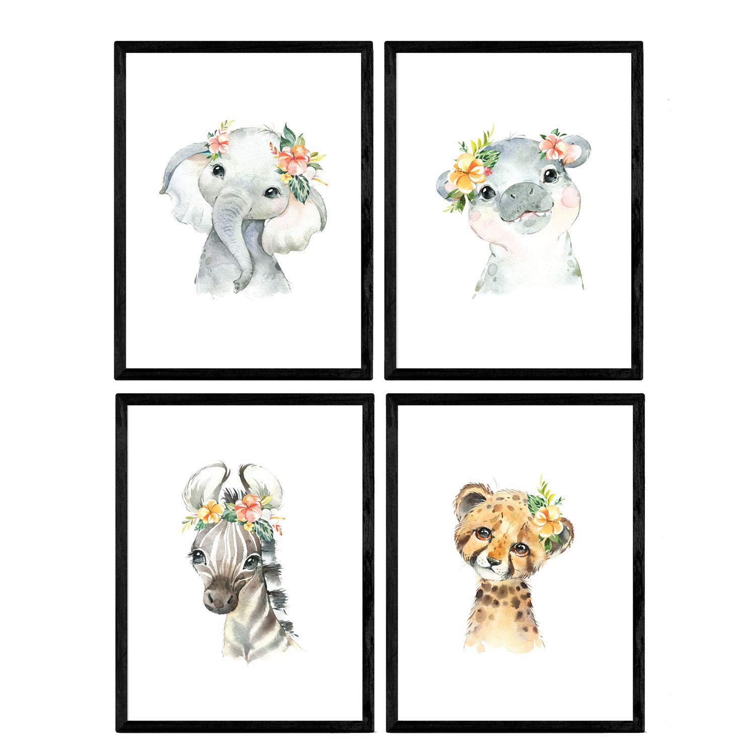 Nacnic Pack of four sheets with illustrations of animals. Posters with children's animal pictures. Tiger hipopotamo elephant and zebra. A3 size unframed