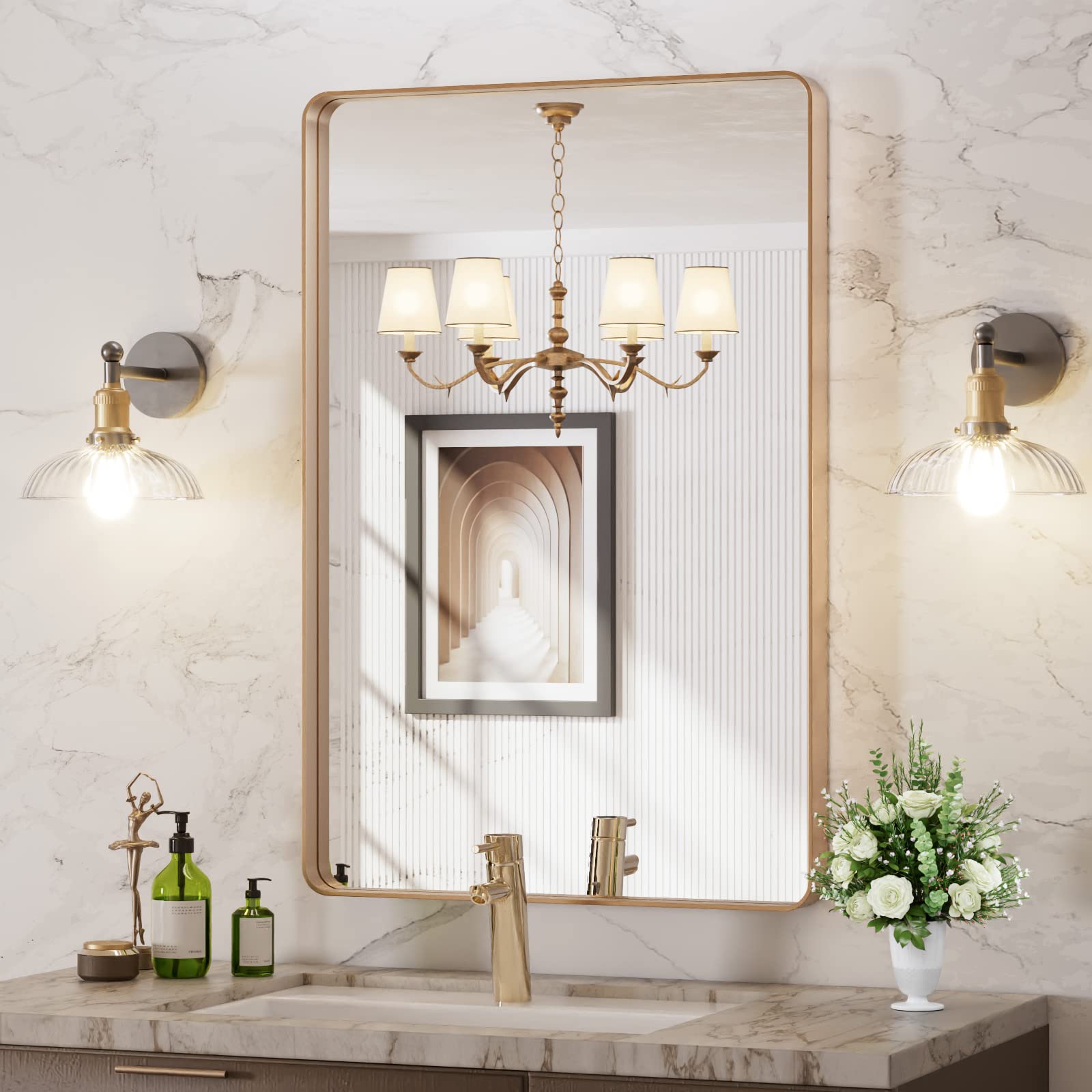 Photo 1 of (used) LOAAO 24”X36” Gold Bathroom Mirror, Rounded Rectangle Gold Frame Mirror, Brushed Gold Bathroom Vanity Mirror Wall-Mounted, Anti-Rust