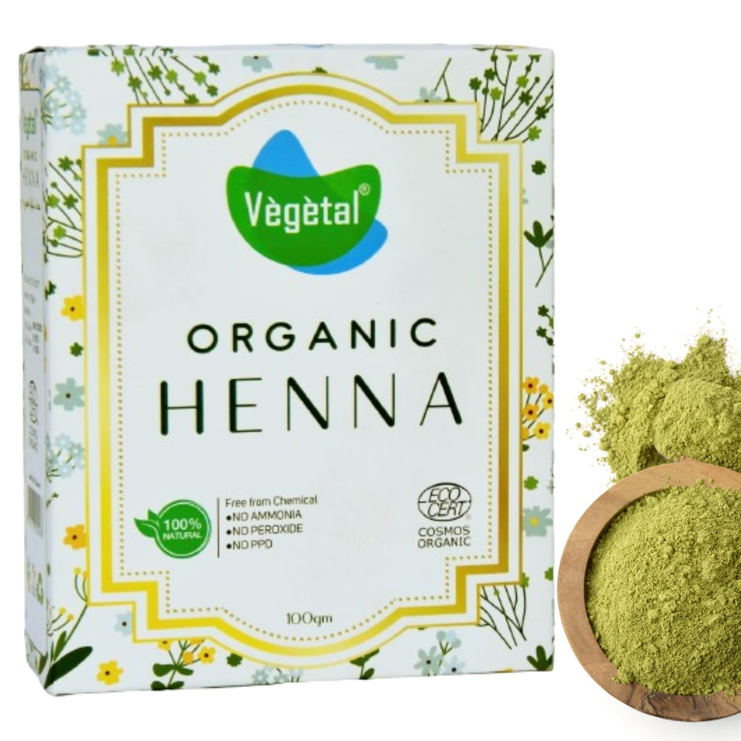 Vegetal Certified Organic Bio Henna Powder - 100% Pure Natural, Herbal Henna (Mehandi) for Hair, Hands and Feets - 100gm