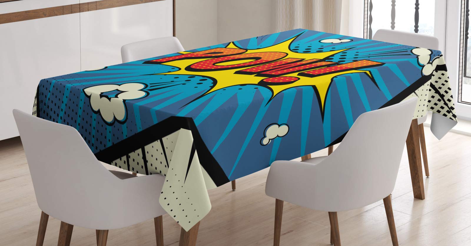 ABAKUHAUS Blue Yellow Vintage Tablecloth, Pop Art Pow, Dining Room Kitchen Rectangular Table Cover, 54 W X 78 L, Ivory Multicolor