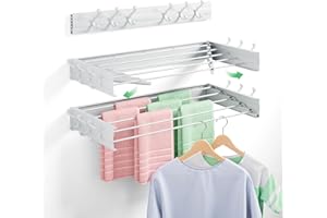 BAKON Clothes Drying Rack Wall Mounted 40", Laundry Clothes Drying Rack Collapsible with 6 Towel Hooks and 5 Rods for Hanging Clothes, Space Saving Laundry Rack for Small Space Bathroom Bedroom(40")