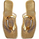 GORGLITTER Women's Gold Flip Flops Thong Flat Sandals 2025 Dressy Summer Vacation Open Toe Slides