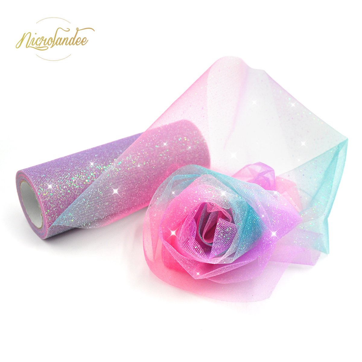 NICROLANDEE Rainbow Glitter Tulle Rolls 6 inch x 10 Yards (30 feet) Shimmer Color for Table Runner Chair Sash Bow Pet Tutu Skirt Sewing Crafting Fabric Wedding Baby Shower Birthday Ribbon