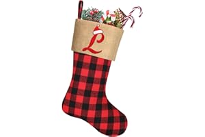Woosytoo 20 Inches Large Monogram Christmas Stockings Embroidered Initial Christmas Stocking Red Black Buffalo Plaid Burlap Christmas Stocking for Christmas Xmas Tree Fireplace Decorations, Letter L