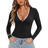 NODHUT Women's Lace Trim Bow V Neck Long Sleeve Top Sexy Ribbed Knit Slim Going Out T Shirts