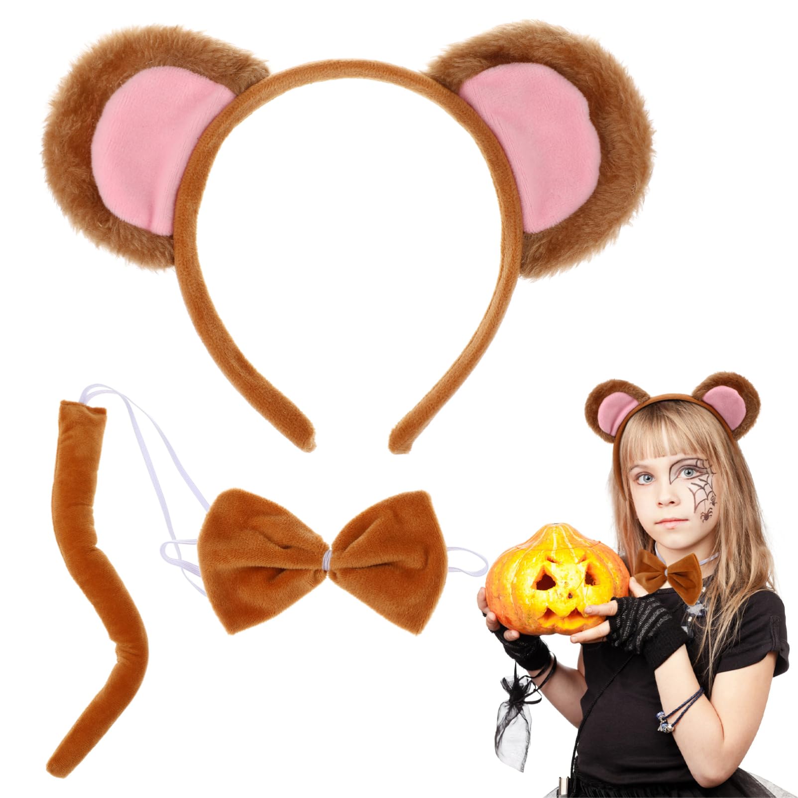 Monkey Costume Set Monkey Ear Headband Plush Animal Cosplay Cartoon Headband Tail and Bow Tie Halloween Dress Up Costume for Kids Adults