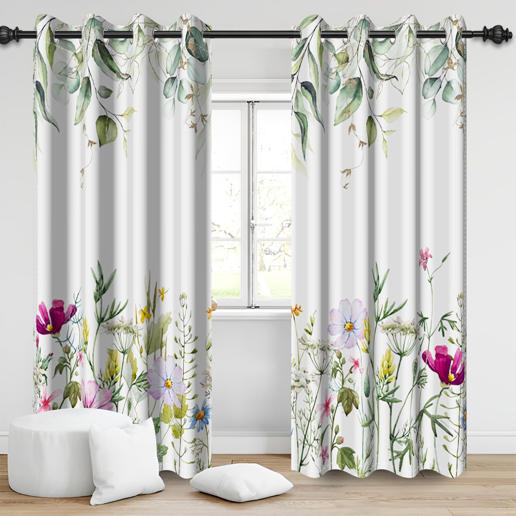 Bovlleetd Plant Florals Blackout Curtains, Polyester Green Leaves Branches Colorful Flowers Window Curtains Botanical Leaves Floral Curtains for Home Living Room Curtain, 2 Panels 54" Lx46 W