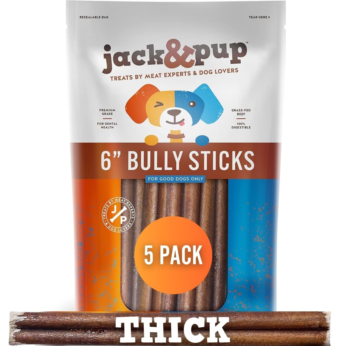 Jack&Pup 15cm Pizzle Sticks for Dogs (Thick - 5 Count) - Odour Free Bully Sticks - Long Lasting - All Natural - 100% Pizzle Stick - No Additives