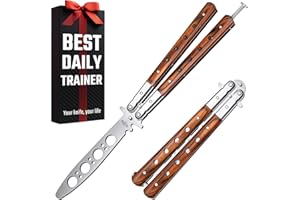 GOOD WORKER Butterfly Knife - Balisong Trainer - Wood Practice Butterfly Trainer with Sure Spring Latch - Balisong Knives NOT Real NOT Sharp Blade - Full Stainless Steel Fake Dull Trick CSGO Fidget Toy K12 W-N