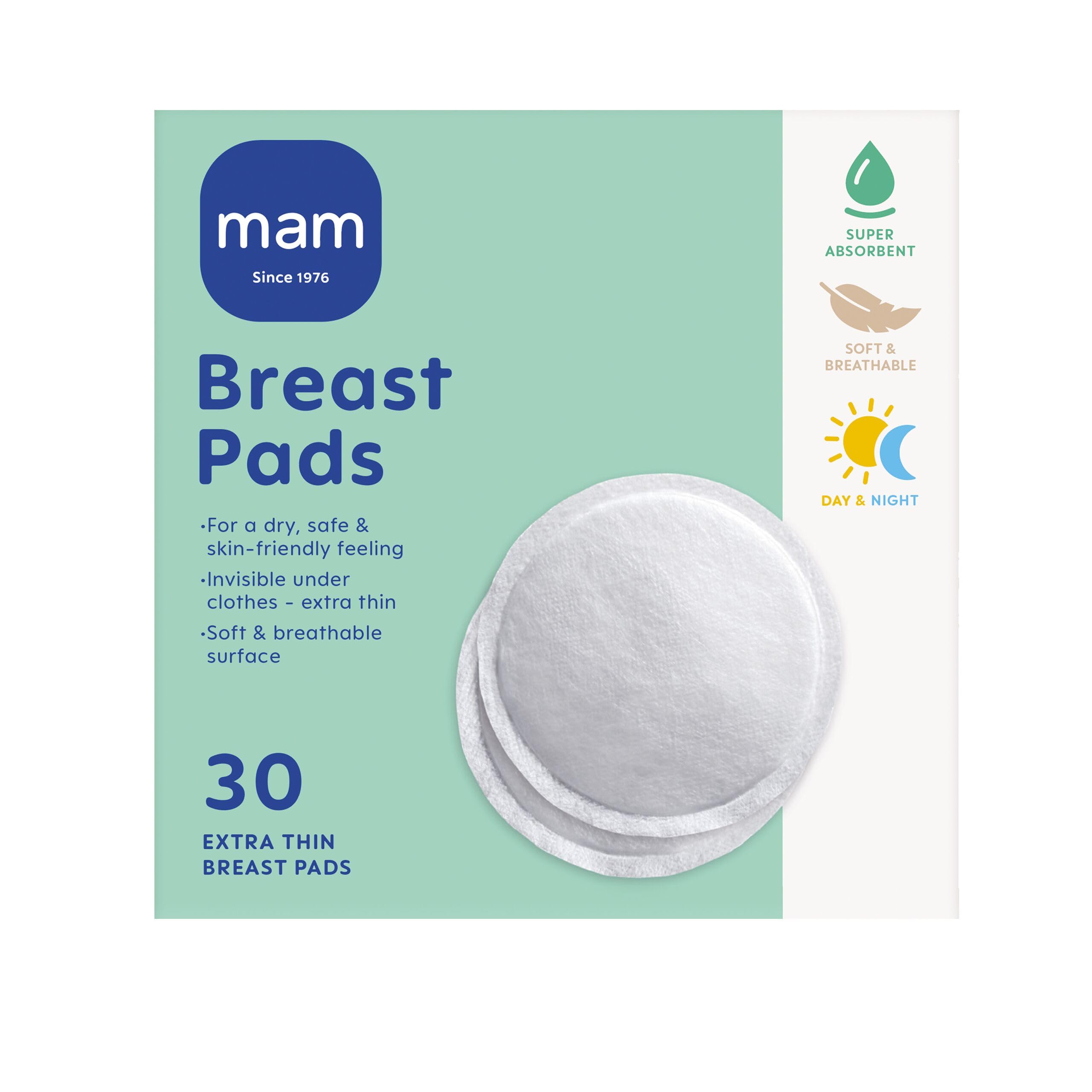 MAM Breast Pads with Fixing Strip | Pack of 30 | Suitable for All Breast Sizes | Ultra Discreet and Comfortable | Highly Absorbent | Breastfeeding Accessories