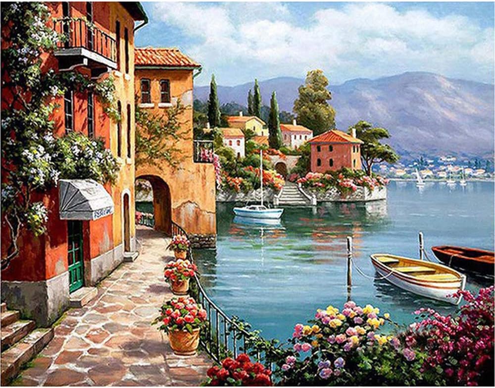DIY 5D Diamond Painting Kits for Adults/Kids, Seaside Town Full Drill Round Diamond Crystal Gem Canvas Arts Painting for Home Wall Decor, 12 x 16 Inches