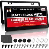Premium Matte Black License Plate Frames, 2 Pack, Thin-Top Design, Metal | Stainless Steel, Rust-Free, Rattle-Free, Universal with Screw Caps, Slim, Rigid, Front &amp; Rear, Car Tag Holder for Women &amp; Men