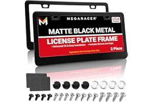 MEGA RACER Premium Matte Black License Plate Frames – 2 Pack, Rust-Free Stainless Steel, Rattle-Free, Universal with Screw Caps, Slim-Top Design, Thin Rigid Metal Front & Rear Car Tag Holders - for Men & Women