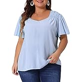 Agnes Orinda Plus Size Tops for Women V Neck Ruffle Sleeve Smocked Shoulder Chiffon Blouses Summer Tops
