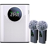 ZERFUN Rechargeable Voice Amplifier Wireless Microphone Dual for Teachers Classroom, Mini Lavalier Lapel Mic Clip Magnetic, Bluetooth Speaker with LED Display for Class, Tour Guide, Coaches, White
