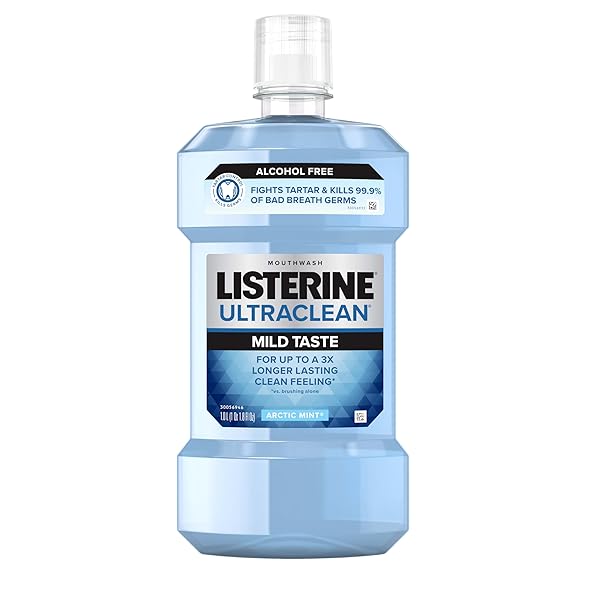 LISTERINE ULTRACLEAN ALCOHOL-FREE TARTAR CONTROL MOUTHWASH, ORAL RINSE FIGHTS STAIN BUILD UP TO HELP KEEP NATURALLY WHITE TEETH, LESS INTENSE ARCTIC MINT FLAVOR, 1L