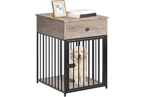 HOOBRO Dog Crate Furniture, Wooden Dog House, Decorative Dog Kennel with Drawer, Indoor Pet Crate End Table for Small Dog, Steel-Tube Puppy Cage, Chew-Proof, Greige BG01GW03