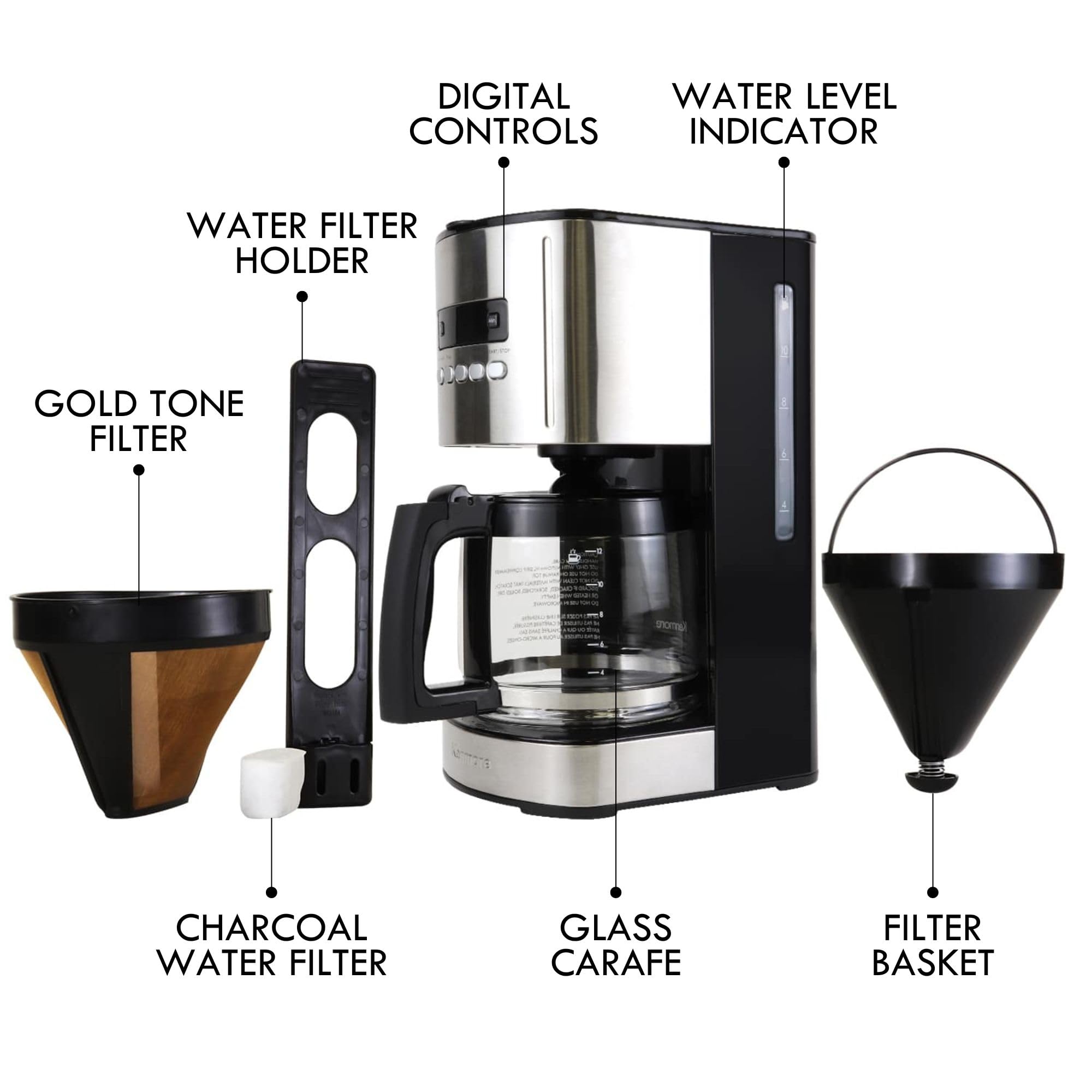 Kenmore Cafetera de goteo: máquina de café programable con olla de vidrio, preparación regular y audaz, depósito de agua grande con apagado automático, filtro reutilizable, electrodomésticos de cocina para cafetería barista, 12 tazas, color negro