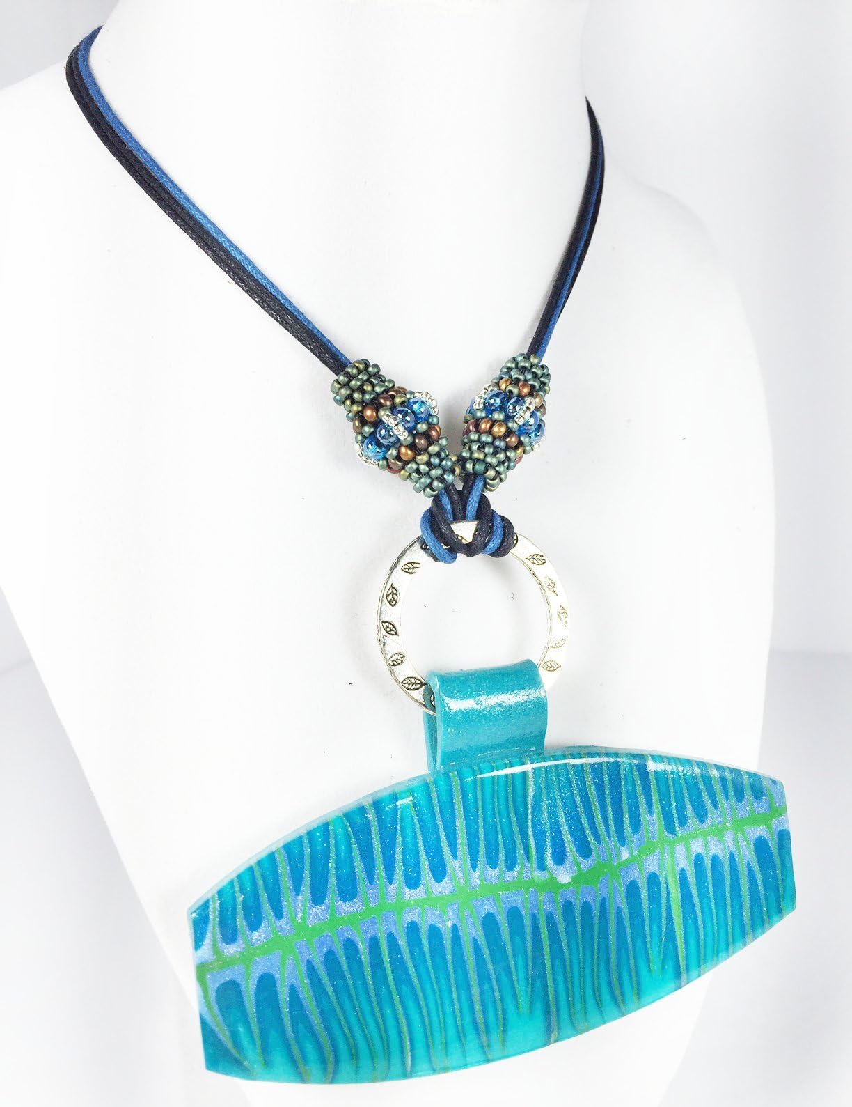 Leenou Handmade Necklace with Blue Green Wearable Art Polymer Clay Rectangle Pendant on Organic Cotton Cords with Beaded Beads for Wedding Anniversary Gift Birthday