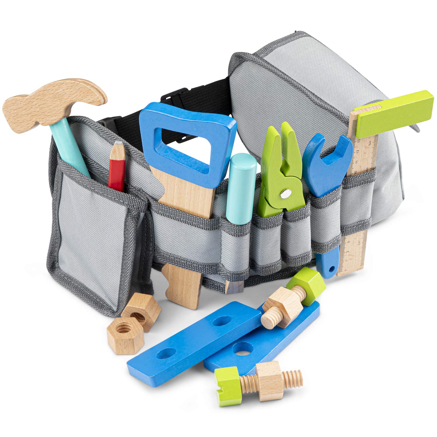 Woet® Blue Kids Tool Belt Set - Pretend Play Carpenter Toy - With Wooden Tools - Age 3 Years+