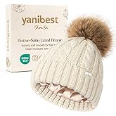 YANIBEST Womens Winter Beanie Hat Satin Lined Knitted Beanie Hat Warm Soft Ski Cuff Cap with Pom Pom