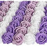 INSUNSIX 100pcs Purple Artificial Rose Flower Heads, 3inch Violet Foam Roses Bulk Stemless Fake Flower Heads for DIY Crafts,Cake Decoration Wedding,Baby Shower Flower Centerpieces(Shades of Purple)