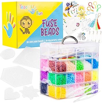 Amazon Co Jp Teach N Fun ヒューズビーズキット 30 000 メルトビーズ 61個のアクセサリー付き 140パターン 5個のペグボードとケース付き すべての5mmキットに対応する溶けるビーズ 鉄製ビーズ 子供用 クラフトアート用品 Stemのおもちゃ ホワイト Teach N Fun