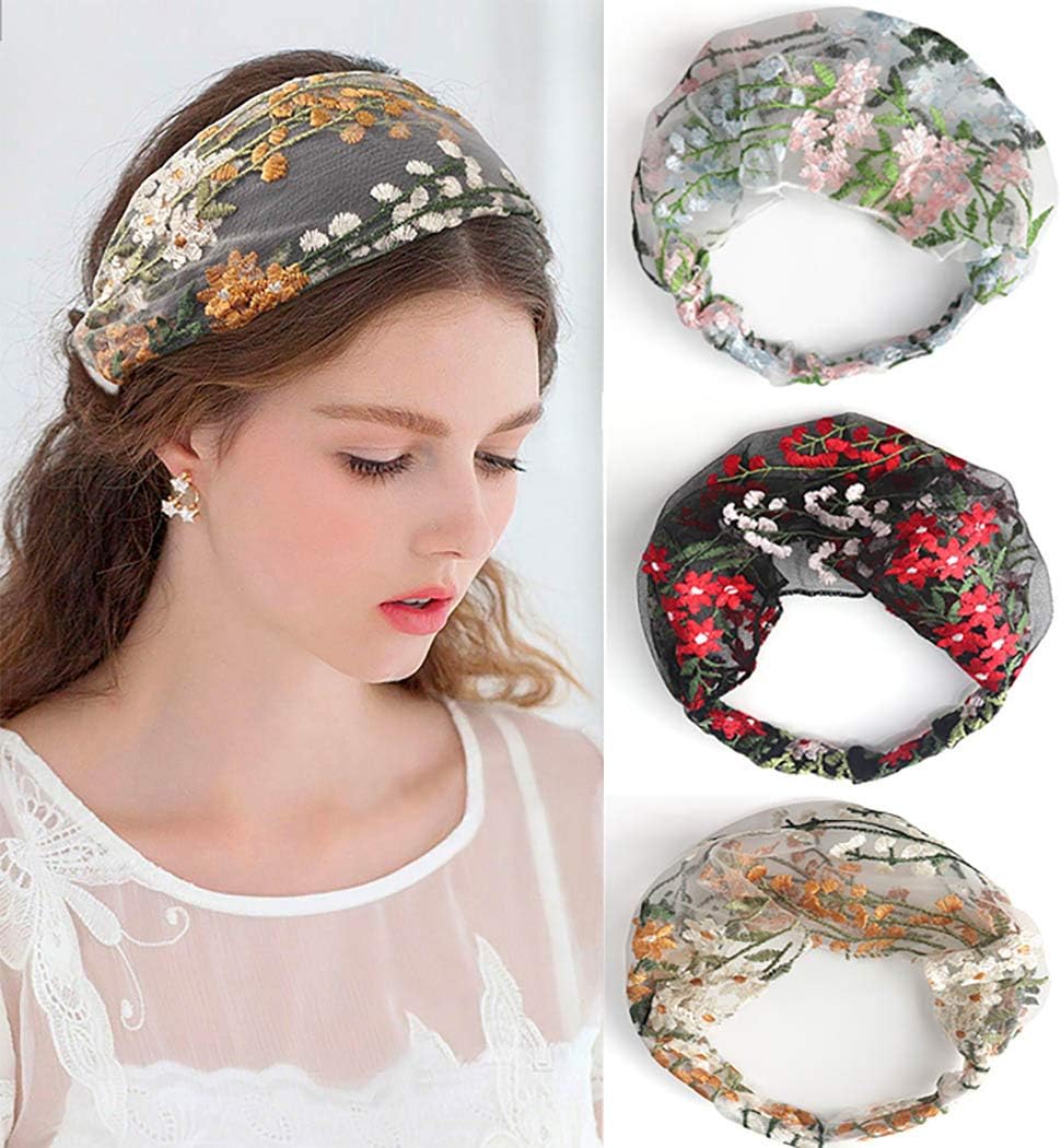 Sethain Boho Headband Vintage Wide Stretchy Headwrap Yoga 4 Pack Hairband For Women and Girls Lace Embroidery