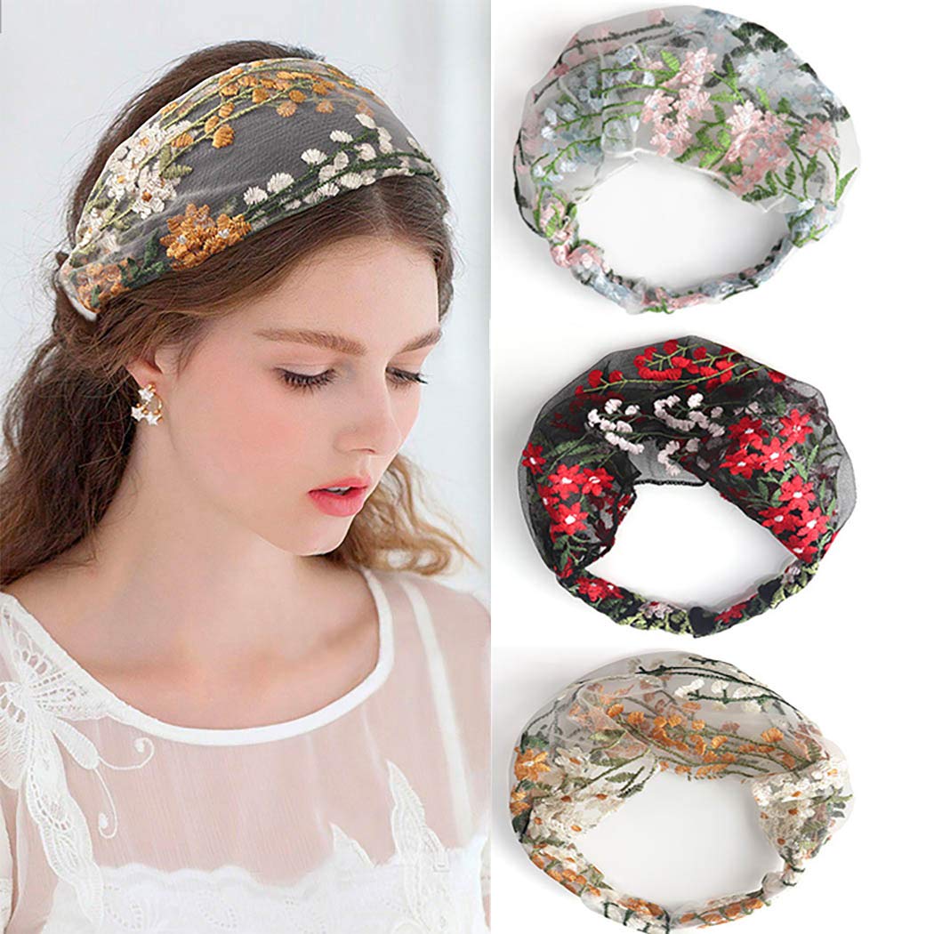Sethain Boho Headband Vintage Wide Stretchy Headwrap Yoga 4 Pack Hairband For Women and Girls Lace Embroidery